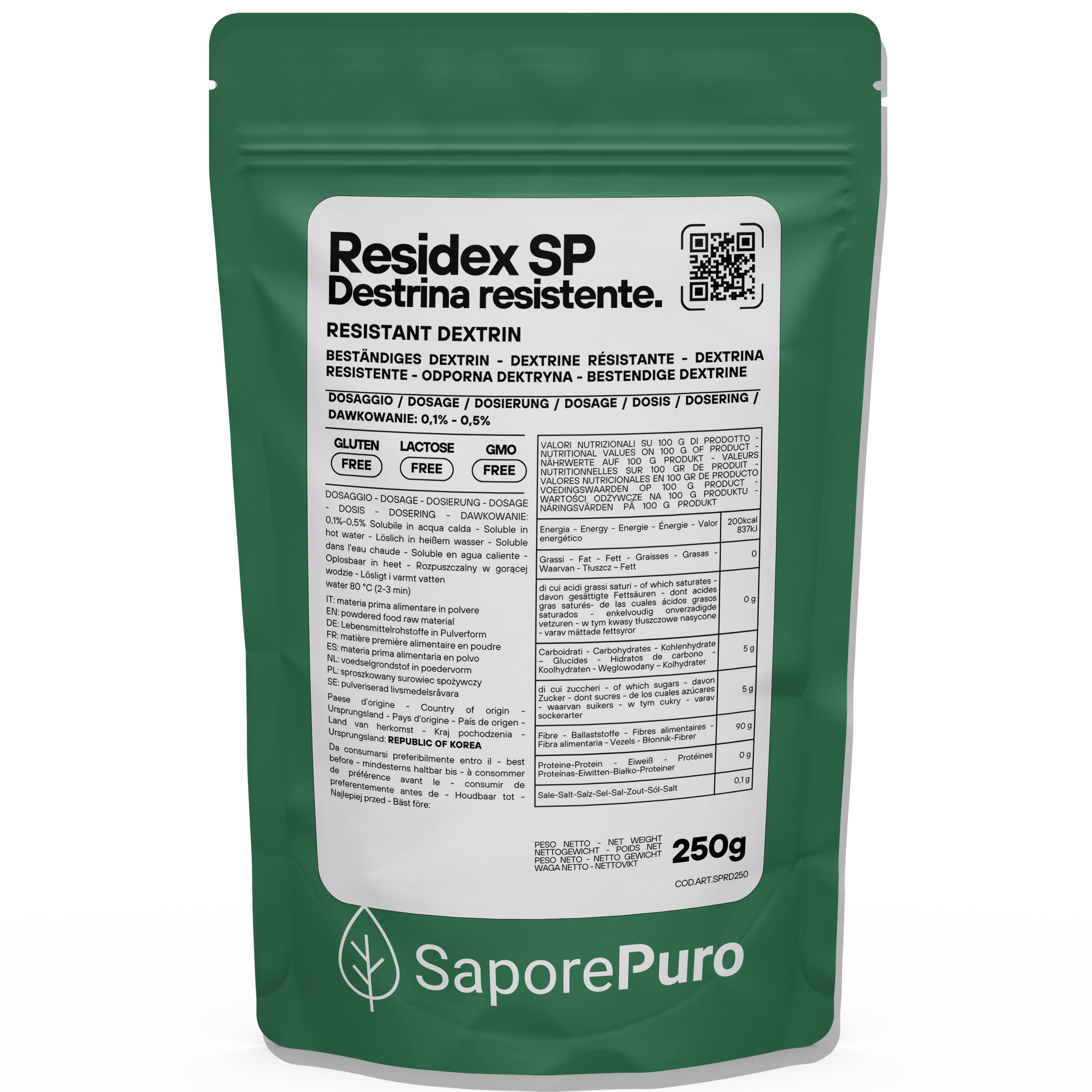 Amido resistente ResiDex SP di SaporePuro, destrina resistente da mais in confezione da 250g, con dettaglio del prodotto in contenitore.
